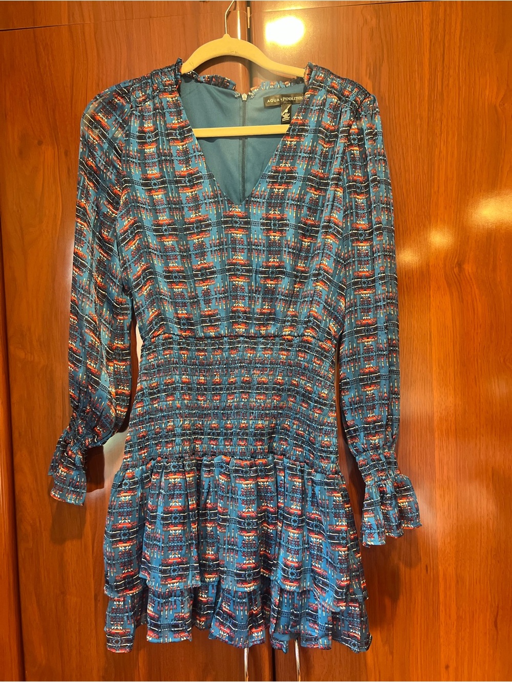 AQUA Blue Patterned Long-Sleeve Smocked Waist Dress
